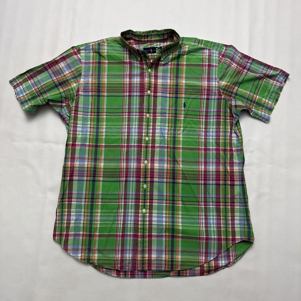 Ralph Lauren Button Down Shirt Mens XL Tall Green Red Plaid Pony Logo Bold